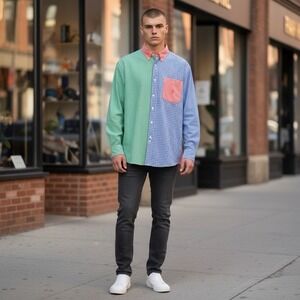 Chaps‎ Ralph Lauren Gingham Color Block Long Sleeve Button Up Shirt Size Large